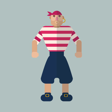 Cartoon fearsome pirate with a gold earring in his ear in a red striped longsleeve and blue trousers in shoes with a buckle on a gray background vector