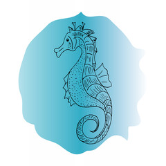 Seahorse vector illustration with blue spot background on white. Hand drawn by ink for decorative needs in designs, postcards or element for pattern.  Eps 10