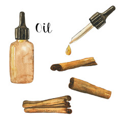 Essential oil of cinnamon in glass brown bottle isolated on white background. Watercolor hand drawing illustration. Clip art for medicine, healthy food, covers, cards.