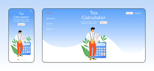 Tax calculator adaptive landing page flat color vector template. Bills payment mobile and PC homepage layout. Taxpayers tool one page website UI. Financial literacy webpage cross platform design