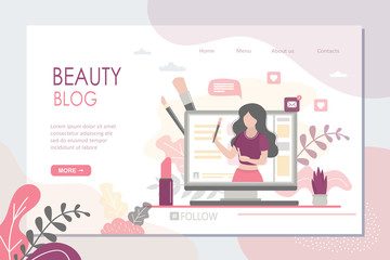 Beauty blog landing page template. girl blogger making review for cosmetics and recording video for her blog.