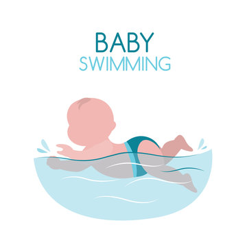 Cartoon infant swimming on a white background. Little child swimmer in the swimming pool