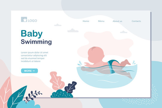 Baby swimming landing page template. Little infant child swimmer in the swimming pool,