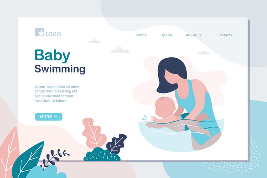 Baby swimming landing page template. Little infant child swimmer in the swimming pool, kids physical activity.