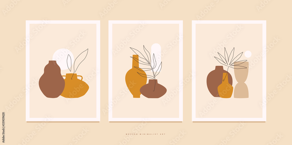 Poster set of compositions with exotic palm leaves and abstract vases. trendy collage for design in an ecol