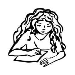 Girl writes on a piece of paper. Black and white vector illustration in line art style. Isolated on a white background.