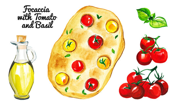 Set of watercolor focaccia with branch of tomato, basil and bottle of olive oil isolated on white background. Hand drawn illustration fo book, magazine, restaurant and cafe.