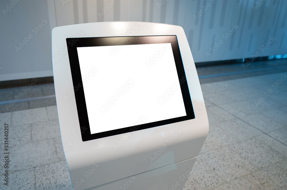 Wall mural mock up template/background texture of a blank white touch screen kiosk/monitor machine