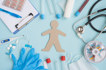 Treatment of a person from the virus and flu. Test tube for taking a blood sample.  Medications to...