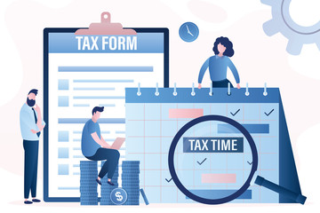 Paper tax form document, calendar with magnifying glass, pile of coins.
