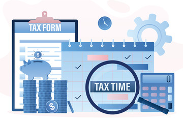 Paper tax form document, calendar with magnifying glass. Tax time, pile of coins.