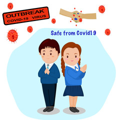 Vector picture show kids change shake hands greeting to namaste or Thai Wai (Sawasdee) because outbreak of covid19 , coronavirus for safe from virus . Manaste or Thai Wai greeting background.