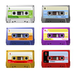 Fototapeta premium Collection of six colorful plastic audio cassette tape. Set of different color music tapes. Set of retro audio cassettes, pop art style. Vector image.