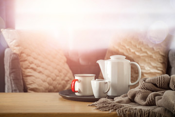 Table background of free space and Easter time in home. 