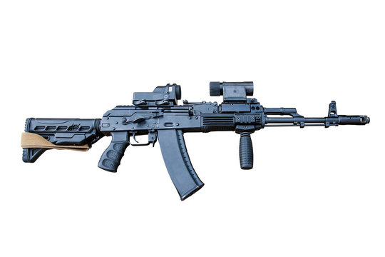 assault rifle with collimator and optical sights isolated on a white background