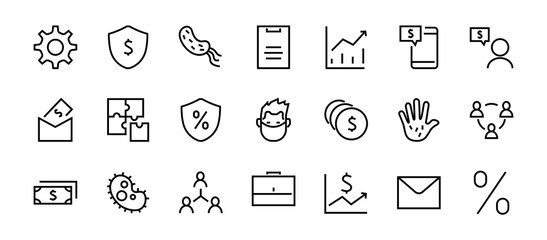 Set of business vector line icons. It contains user symbols, dollar pictograms, gears, briefcase, puzzles, envelope, percentage, messages, schedule, and more. Editable Bar 460x460 pixels.