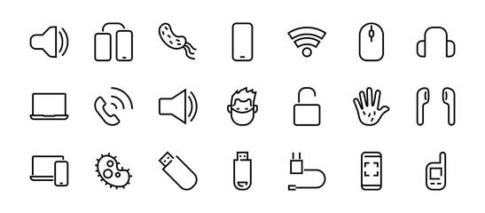 A set of smart devices and gadgets, computer hardware and electronics. Electronic devices icons for web and mobile vector lines. computer, telephone. Editable stroke. 48x48 pixels