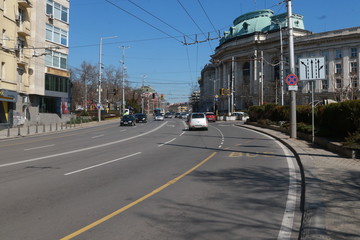 Fototapeta na wymiar Sofia, Bulgaria - March 17, 2020: Empty streets of Sofia during Corona Virus covid-19 outbreak