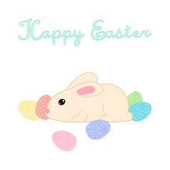 happy easter greeting card with cute cartoon bunny rabbit and colored eggs on white background with handwritten sign, editable vector illustration for holiday decoration, print, poster, banner