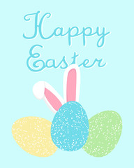 happy easter greeting card with cute cartoon bunny ears and colored eggs on blue background with handwritten sign, editable vector illustration for holiday decoration, print, poster, banner