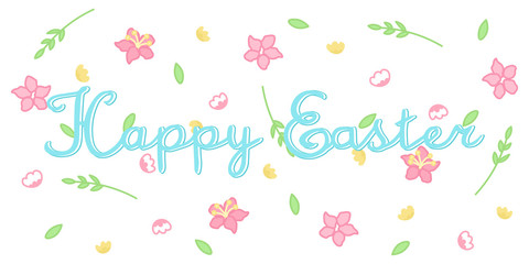 happy easter banner with cute cartoon flowers and handwritten sign on white background, editable vector illustration for holiday decoration, print,  poster