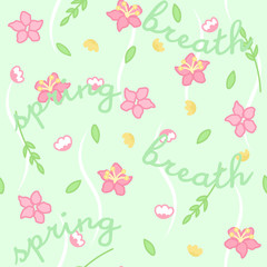 spring breath seamless pattern with cute cartoon flowers on fresh green background, handwritten sign, editable vector illustration for season decoration, fabric, textile, paper