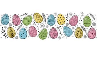 Easter background with hand drawn eggs and copyspace. Vector