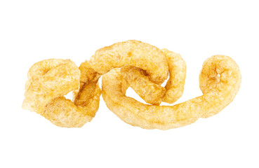 Pork snack or Pork scratching leather lean pork fried crispy and blistered isolated on white background. Clipping path