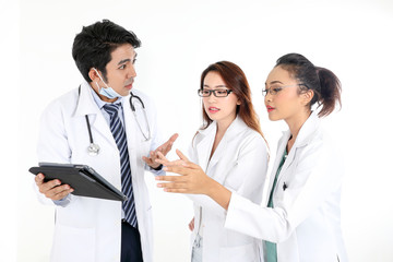 ung asian chinese malay male female doctor on white background holding pad tab disuses think talk share