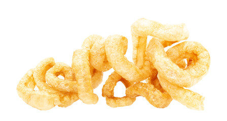 Pork snack or Pork scratching leather lean pork fried crispy and blistered isolated on white background. Clipping path
