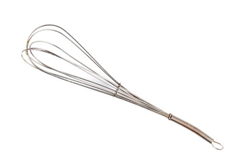 Kitchen whisk for whipping, white background, top view, close-up, isolate.