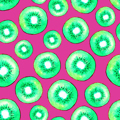 Seamless pattern with kiwi on a pink background. Hand drawn watercolor illustration