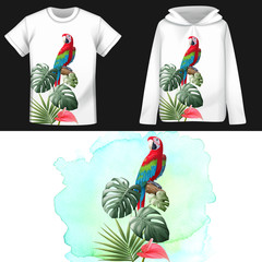 Parrot, anthurium and tropical leaves pattern on the shirt. Vector illustration.  Perfect for sticker, element, picture book, card, pattern, wallpaper, etc.