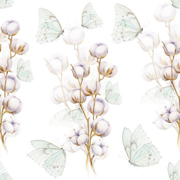 Seamless pattern cotton branch. Hand draw cotton and blue butterfly isolated on white background. Blossom cotton pattern for print on paper, textile, book, dishes, dress, box, wedding card, case.