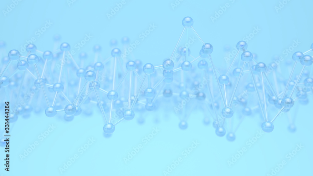 Poster abstract blue background in empty space. technology network node concept. chaotic atoms, dna or mole