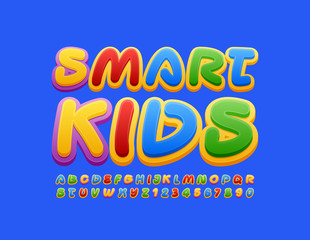 Vector colorful logo Smart Kids. Cute Bright Font. Creative Alphabet Letters and Numbers. 