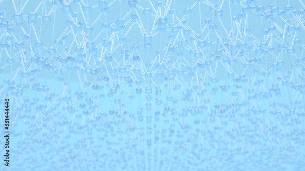Poster abstract blue background in empty space. technology network node concept. chaotic atoms, dna or mole