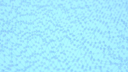 Abstract blue background in empty space. Technology network node concept. Chaotic atoms, DNA or molecule. 