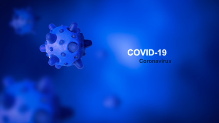 COVID-19 coronavirus concept, 3d illustration. COVID disease theme on blue background. New SARS-CoV-2 corona virus global outbreak.