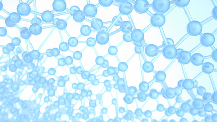 Abstract blue background in empty space. Technology network node concept. Chaotic atoms, DNA or molecule. 