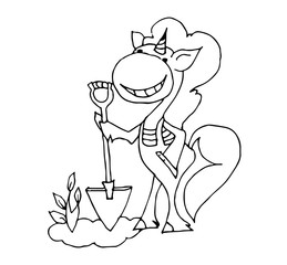 Coloring book for kids - unicorn gardener with a shovel. Black and white cute cartoon unicorns. Vector illustration.