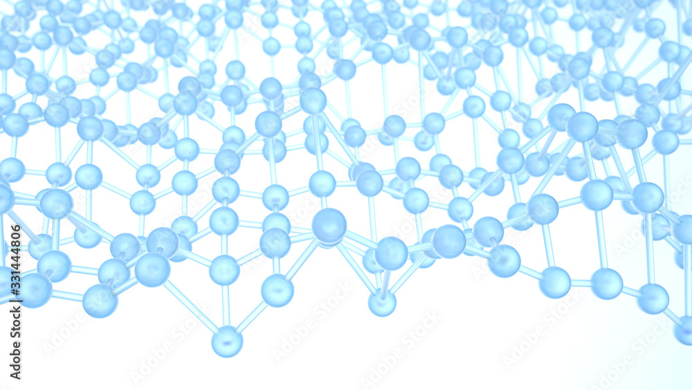 Poster abstract blue background in empty space. technology network node concept. chaotic atoms, dna or mole