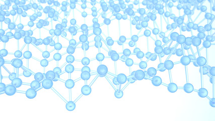 Abstract blue background in empty space. Technology network node concept. Chaotic atoms, DNA or molecule. 