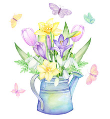 Leica, vintage style,, tulips, crocuses, lilies of the valley, snowdrops, butterflies. Watercolor, spring, concert on an isolated background.
