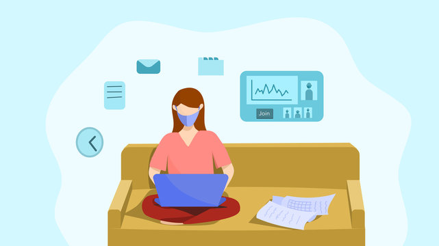 Self- quarantine concept : Work from home, A woman working with his laptop on the sofa wearing medical mask during quarantine, Prevent infection spreading. Vector illustration. Flat design