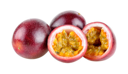 Purple passion fruit with cut in half isolated on white background.