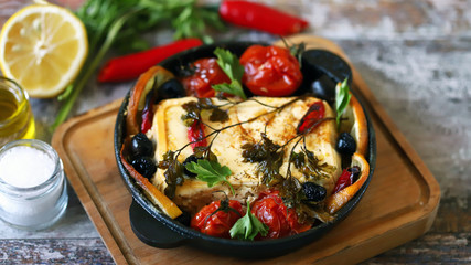 Selective focus. A pan with baked feta, spices and vegetables. Keto diet. Baked feta cheese. Healthy food.