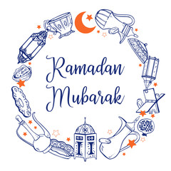 Round frame design template for Ramadan. Traditional objects and food. Hand drawn outline vector sketch illustration. Title in Arabic Blessed Ramadan