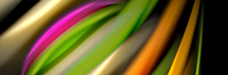 Silk and smooth flow wave poster design. Color waves, liquid style lines and shapes in black color background
