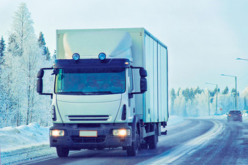 Truck at Snow Road in winter Lapland at Finland